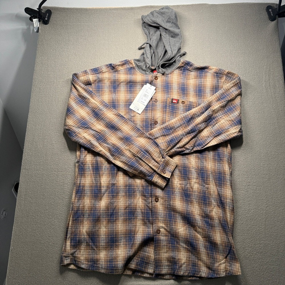 Quiksilver Hooded Flannel Men XLT Khaki Plaid Button Front QSFLNHD02KL